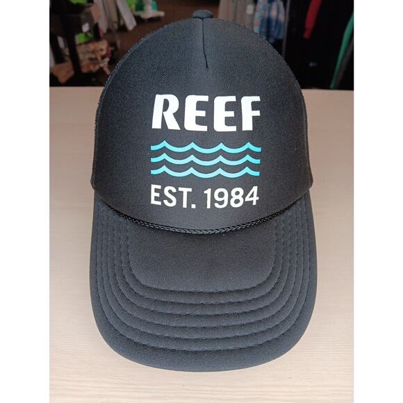 Reef Est 1984 Snapback Hat Cap Waves Graphic Logo Black Mesh Trucker Foam Front - Picture 1 of 6